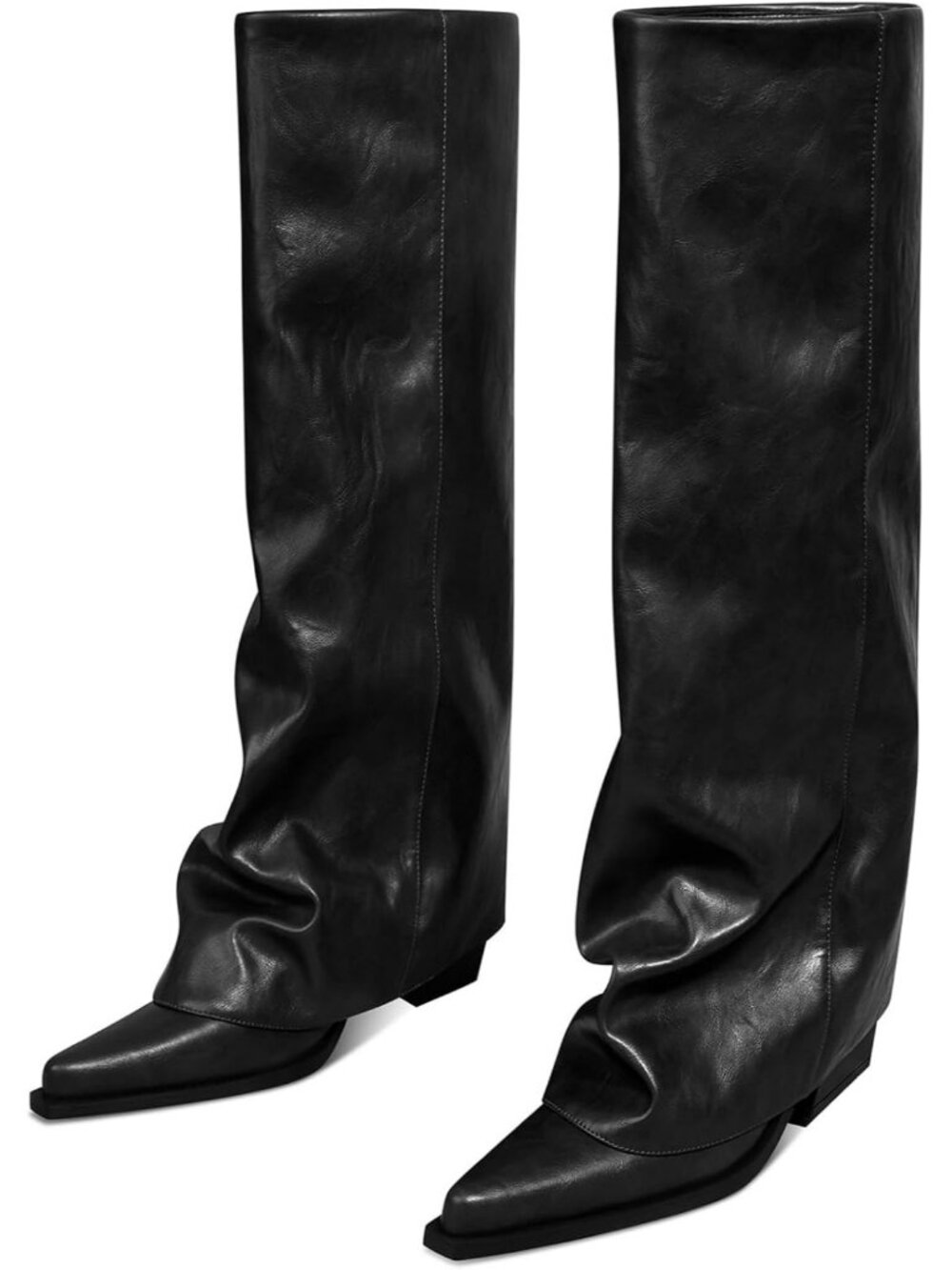 Women's Black Faux Leather Fold Over Knee High Wide Calf Chunky Heel Long Boots